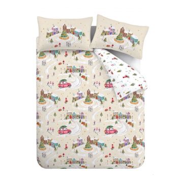 Lenjerie de pat albă-bej pentru pat dublu, extinsă 230x220 cm Christmas Town – Catherine Lansfield Lenjerie de pat albă-bej pentru pat dublu, extinsă 230x220 cm Christmas Town – Catherine Lansfield