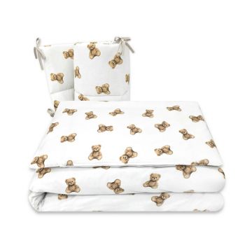Lenjerie patut 3 piese, Qmini, Pentru patut 120x60 cm, Cu protectie laterala, Din bumbac certificat Oeko Tex Standard 100, Teddy Toys Lenjerie patut 3 piese, Qmini, Pentru patut 120x60 cm, Cu protectie laterala, Din bumbac certificat Oeko Tex Standard 100, Teddy Toys