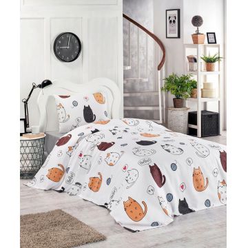 Set cuvertura pique Single, L'essentiel Maison, Hello Cats, Bumbac, White / Black / Orange / Blue / Pink Set cuvertura pique Single, L'essentiel Maison, Hello Cats, Bumbac, White / Black / Orange / Blue / Pink