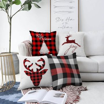 Set 4 fețe de pernă din chenille cu model de Crăciun Minimalist Cushion Covers Christmas Tartan, 55 x 55 cm