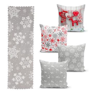 Set 4 fețe de pernă și un napron de masă cu model de Crăciun Minimalist Cushion Covers Snowflakes