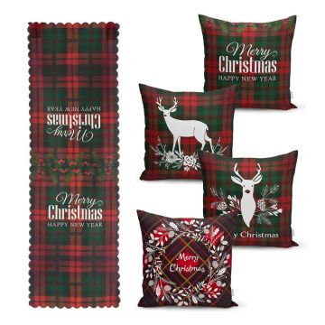 Set 4 fețe de pernă și un napron de masă cu model de Crăciun Minimalist Cushion Covers Tartan Christmas