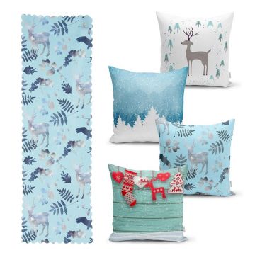 Set 4 fețe de pernă și un napron de masă cu model de Crăciun Minimalist Cushion Covers Winter Wonderland