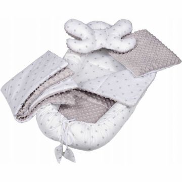 Set 5 in 1 Babynest Minky 2 perne, 1 paturica si o saltea cu doua fete Infantilo albgristelute