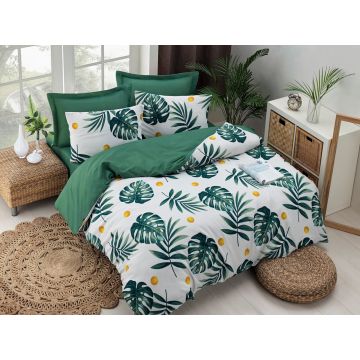 Lenjerie de pat dubla, EnLora Home, Monstera Green, 4 piese, amestec bumbac, alb/verde/galben