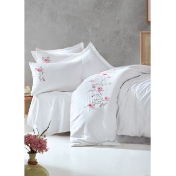 Lenjerie de pat dubla King Size, Cotton Box, Perla White, 6 piese, 240x260 cm, bumbac satinat, alb cu broderie