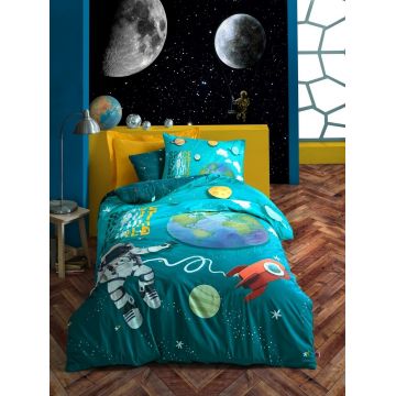 Lenjerie de pat pentru o persoana Little Astronaut - Turquoise, Cotton Box, 3 piese, bumbac ranforce, turcoaz