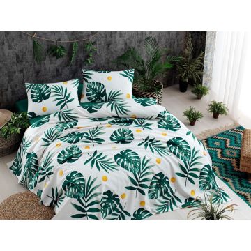 Cuvertura dubla, EnLora Home, Monstera Green, 200x235 cm, 100% bumbac, alb/verde/galben