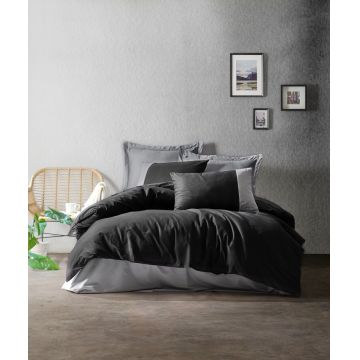 Lenjerie de pat dubla, 4 piese, 200x220 cm, 100% bumbac ranforce, Cotton Box, Plain, negru/gri