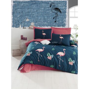 Lenjerie de pat dubla King, 3 piese, 220x240 cm, amestec bumbac, Eponj Home, Big Filamin, albastru inchis