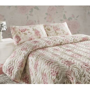 Set cuvertura de pat dubla King Size matlasata, Eponj Home FR, Care Pink, 3 piese, 65% bumbac, 35% poliester, multicolor