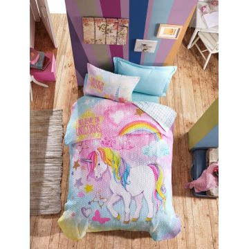 Lenjerie de pat matlasata pentru o persoana Young Dream Mint, Cotton Box, 3 piese, 160 x 240 cm, 100% bumbac ranforce, multicolora