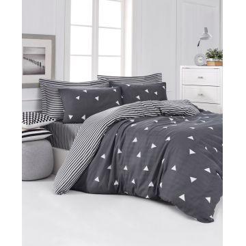 Lenjerie de pat dubla king size, Eponj Home, Ucgen 143EPJ64425, 3 piese, amestec bumbac, gri/alb