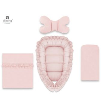 Set 4 in 1 Cosulet bebelus MimiNu Baby Cocoon 90x50 cm cu volanase Colectia Royal Powder Pink