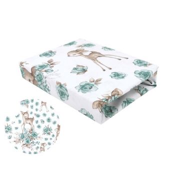 Cearceaf cu elastic, MimiNu, Pentru patut 120X60 cm, Din bumbac certificat Oeko Tex Standard 100, Sweet Deer Mint