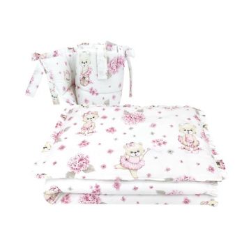 Lenjerie patut cu 3 piese, MimiNu, Pentru patut 120x60 cm, Cu protectie laterala, Cu volanase, Din bumbac certificat Oeko Tex Standard 100, Design, Pink Ballerina