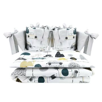 Lenjerie patut cu 4 piese, MimiNu, Pentru patut 120x60 cm, Cu doua protectii laterale, Din bumbac certificat Oeko Tex Standard 100, Childrens Journey Grey