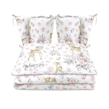 Lenjerie patut cu 4 piese, MimiNu, Pentru patut 120x60 cm, Cu doua protectii laterale, Din bumbac certificat Oeko Tex Standard 100, Sweet Deer Pink