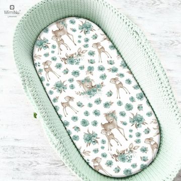 Cearceaf cu elastic, MimiNu, Pentru landou, carucior si cosulet, Dimensiune 80x35 cm, Din bumbac certificat Oeko Tex Standard 100, Sweet Deer Mint