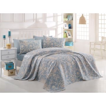 Cuvertura dubla, EnLora Home, Tuval Blue, 100% bumbac, 200x235 cm, bleu/crem