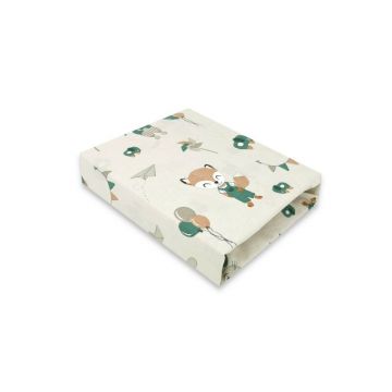 Cearceaf cu elastic, Qmini, Pentru patut 120X60 cm, Din bumbac certificat Oeko Tex Standard 100, Fox and Rabbit, Beige