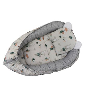 Baby Nest 3 in 1 din bumbac cu salteluta si pernuta inclusa Rabbit with Beige Baloons