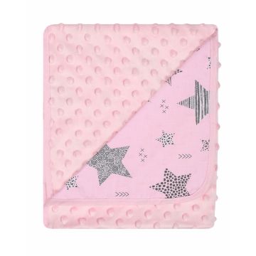 Paturica cu doua fete Minky si bumbac 80x90 cm Pink Stars