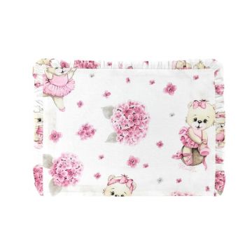 Perna clasica de dormit, MimiNu, Cu volanas, Cu husa detasabila cu fermoar, Din bumbac certificat Oeko Tex Standard 100, Pentru patut, carucior, balansoar, 30x40 cm, Design, Pink Ballerina