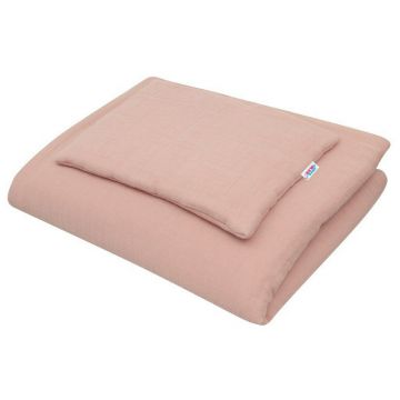 Lenjerie patut cu 2 piese, New Baby, Pentru patut, Din Muselina, Cu perna si pilota, 100x70 cm, Din materiale certificate Oeko Tex Standard 100, Pink