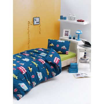 Lenjerie de pat pentru o persoana, Paula - Blue, EnLora Home, Bumbac Ranforce