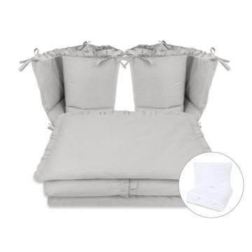 Lenjerie patut cu 6 piese, MimiNu, Pentru patut 120x60 cm, Cu volanase, Cu pilota si perna, Cu doua aparatori laterale, Din bumbac certificat Oeko Tex Standard 100, Colectia Royal, Grey