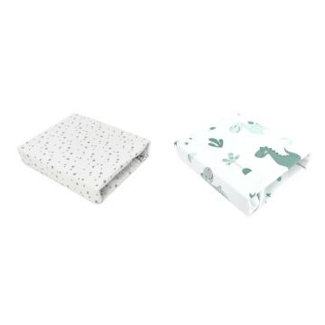 Set 2 cearceafuri cu elastic, MimiNu, Pentru patut leagan sau patut co-sleeper, 90x40 cm, Din bumbac, Material certificat Oeko Tex Standard 100, Dino Mint and Mini Grays Stars