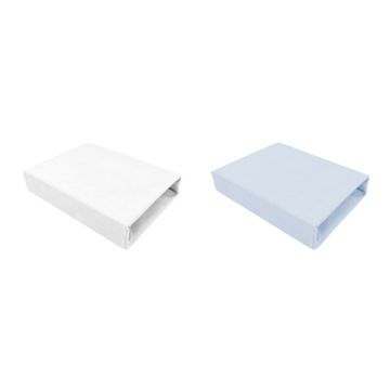 Set 2 cearceafuri cu elastic, Qmini, Pentru patut leagan sau patut co-sleeper, 90x50 cm, Din bumbac, Material certificat Oeko Tex Standard 100, White and Blue