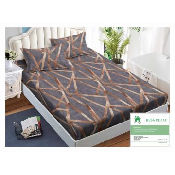 Husa de pat cu elastic 140x200 din Bumbac Finet + 2 Fete de Perna - Geometric Gri Auriu