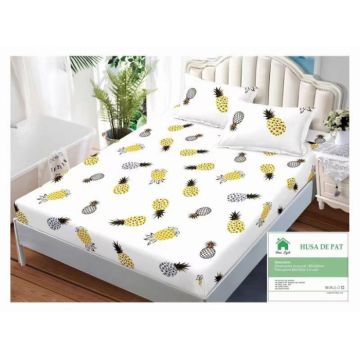 Husa de pat cu elastic 160x200 din Bumbac Finet + 2 Fete de Perna - Ananasi