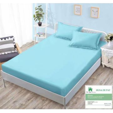 Husa de pat cu elastic 160x200 din Bumbac Finet + 2 Fete de Perna - Bleu