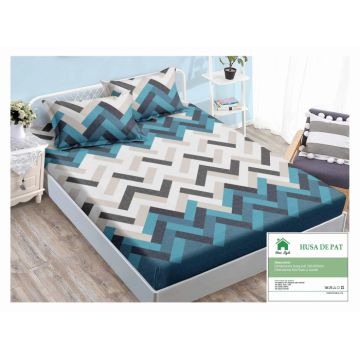 Husa de pat cu elastic 160x200 din Bumbac Finet + 2 Fete de Perna - Crem Albastru