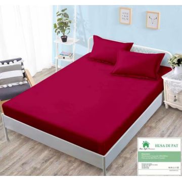Husa de pat cu elastic 160x200 din Bumbac Finet + 2 Fete de Perna - Visiniu