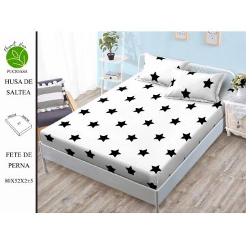 Husa de pat cu elastic 180x200 din Bumbac Finet + 2 Fete de Perna - Alb Cu Stelute