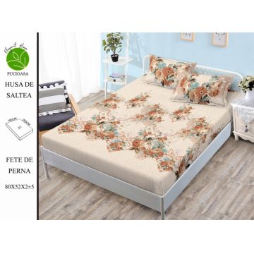 Husa de pat cu elastic 180x200 din Bumbac Finet + 2 Fete de Perna - Bej Cu Flori