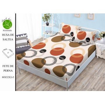 Husa de pat cu elastic 180x200 din Bumbac Finet + 2 Fete de Perna - Cercuri Colorate