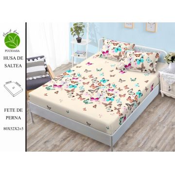 Husa de pat cu elastic 180x200 din Bumbac Finet + 2 Fete de Perna - Crem Cu Fluturi