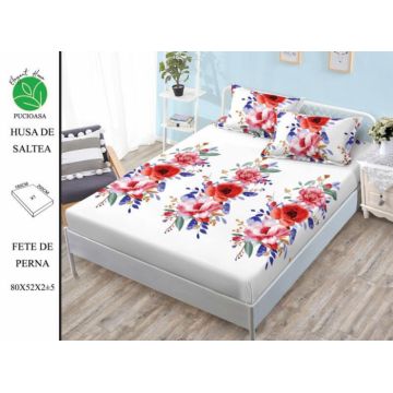 Husa de pat cu elastic 180x200 din Bumbac Finet + 2 Fete de Perna - Flori Colorate