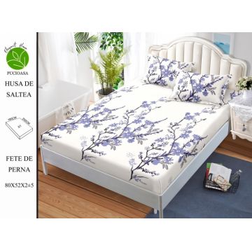 Husa de pat cu elastic 180x200 din Bumbac Finet + 2 Fete de Perna - Flori Mov