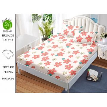 Husa de pat cu elastic 180x200 din Bumbac Finet + 2 Fete de Perna - Floricele Roz