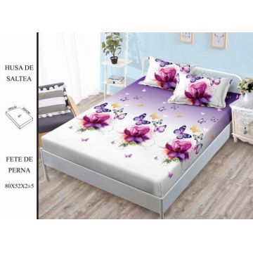 Husa de pat cu elastic 180x200 din Bumbac Finet + 2 Fete de Perna - Fluturi Flori Mov