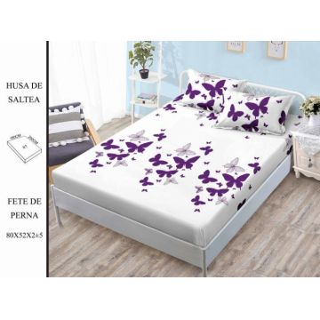 Husa de pat cu elastic 180x200 din Bumbac Finet + 2 Fete de Perna - Fluturi Mov