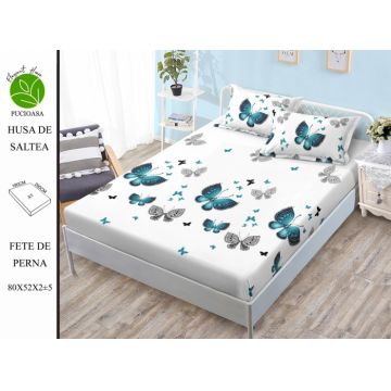 Husa de pat cu elastic 180x200 din Bumbac Finet + 2 Fete de Perna - Fluturi Turcoaz Gri