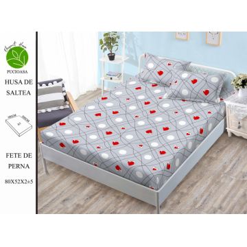 Husa de pat cu elastic 180x200 din Bumbac Finet + 2 Fete de Perna - Gri Cu Inimioare