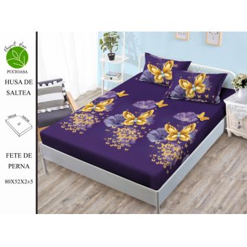 Husa de pat cu elastic 180x200 din Bumbac Finet + 2 Fete de Perna - Mov Cu Fluturi